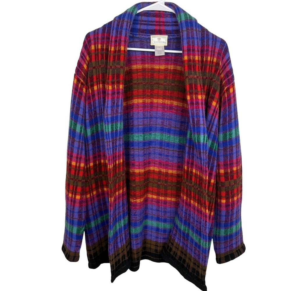 Susan Bristol Cardigan Sweater Womens Medium Multicolor Plaid Wool Blend Vintage